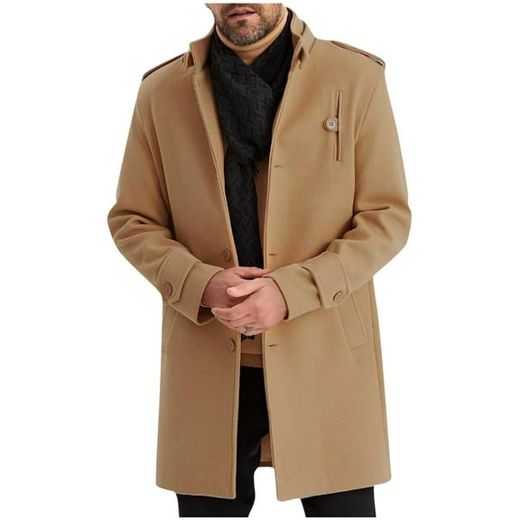 Penkiiy Trench Coat Men Slim Notched Collar Long Jacket Single Breasted Wool Blend Overcoat Fall Winter Warm Pocket Pea Coat M Khaki