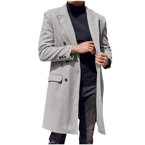 Penkiiy Trench Coat for Mens Casual Double Single Breasted Slim Jacket Overcoat Vintage Wool Blend Formal Pea Coats L Gray