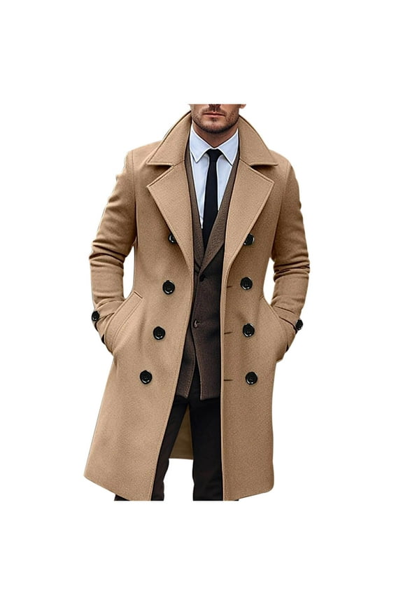 Trench Coat for Mens Casual Double Single Breasted Slim Jacket Overcoat Vintage Wool Blend Formal Pea Coats S Khaki