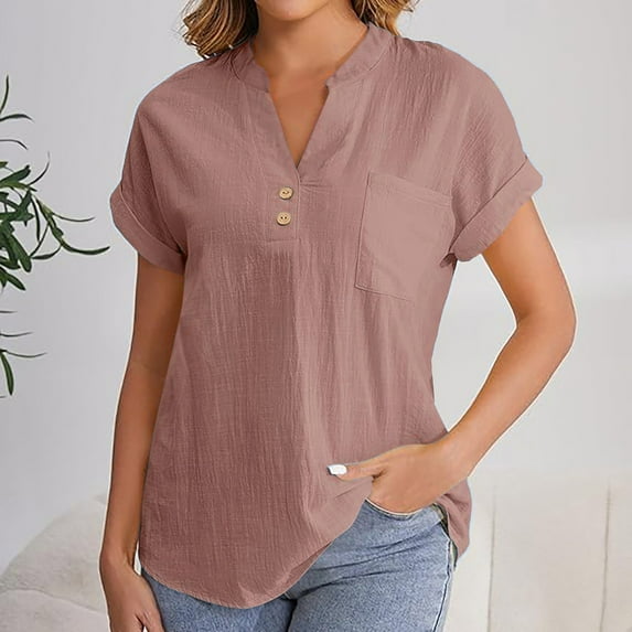 Penkiiy Trending Women's Linen Shirt - Elegant V-Neck Tunic Blouse with Buttons | Summer Essential & Versatile Styling S Pink