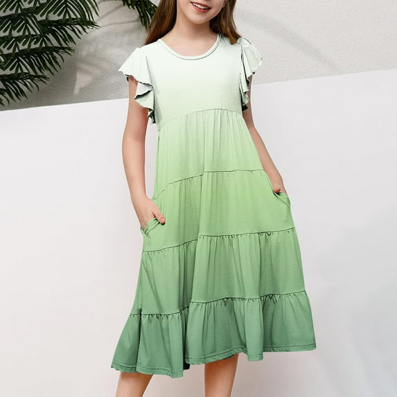 Penkiiy Trendy Girls Tiered Summer Dress with Pocket – Flowy Sleeves & Gradient Print 8 Years Green
