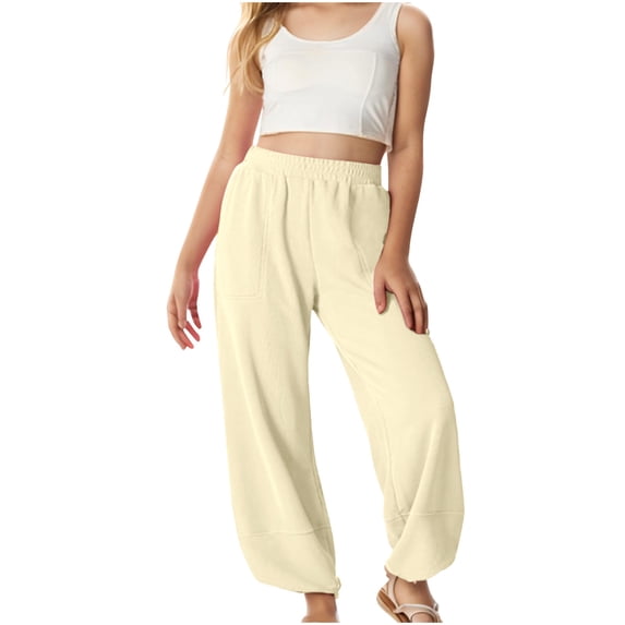 Penkiiy Trendy Girls Wide Leg Pants with Pockets - High Waist Casual Loose Fit Joggers for Juniors 3-13 Years