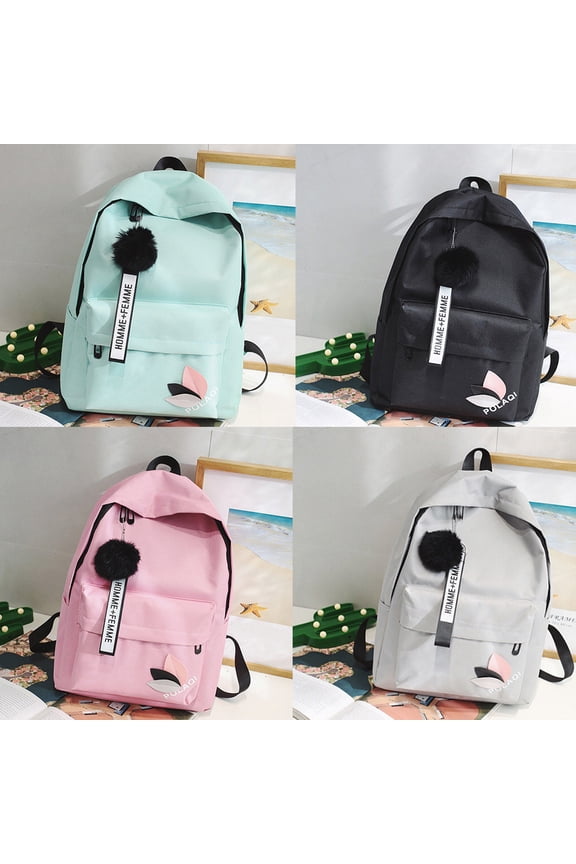 Trendy Unisex Canvas Backpack with Pom-Pom Accents - School & Travel Essential