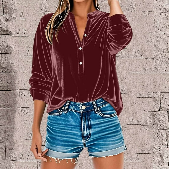 Penkiiy Trendy V-Neck Velvet Top for Women - Comfy Lounge Shirt w/ Half Button Front