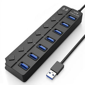 Penkiiy USB Hub 3.0 7 Port, USB Data Hub Splitter with LED Individual On/Off Switches and Lights, High Speed USB Port Expander