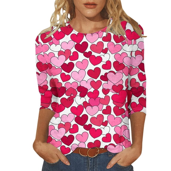 Penkiiy Valentine Shirts for Women Casual Loose 3/4 Sleeve Crew Neck Blouses Cute Print Tunics Tops 2025 5XL Multicolor