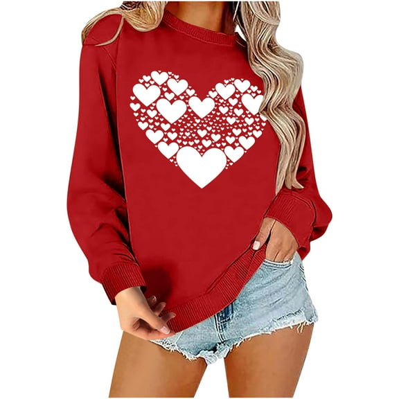 Penkiiy Valentine's Day Sweatshirt Women Love Heart Grahic Long Sleeve Shirt Casual Valentines Gifts Pullover Tops M Red