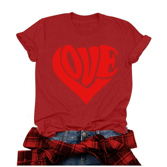Penkiiy Valentine's Day T Shirts for Women Cute Heart Print Graphic Tees Casual Short Sleeve Top 3XL Red