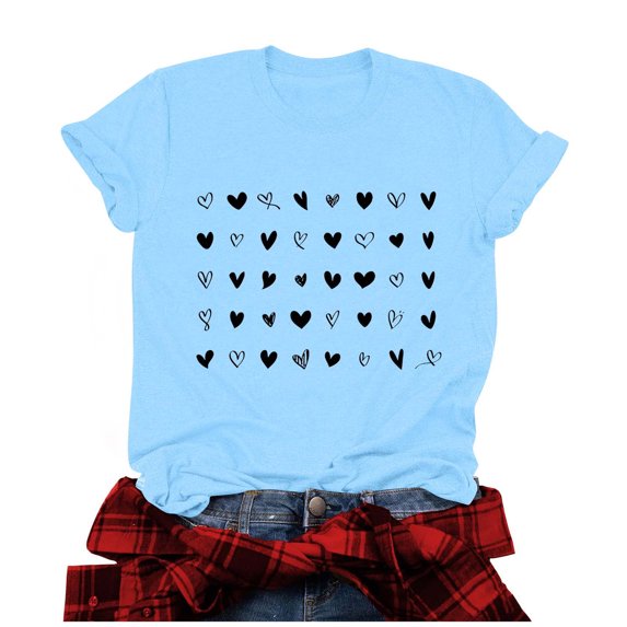 Penkiiy Valentine's Day T Shirts for Women Cute Heart Print Graphic Tees Casual Short Sleeve Top 3XL Sky Blue