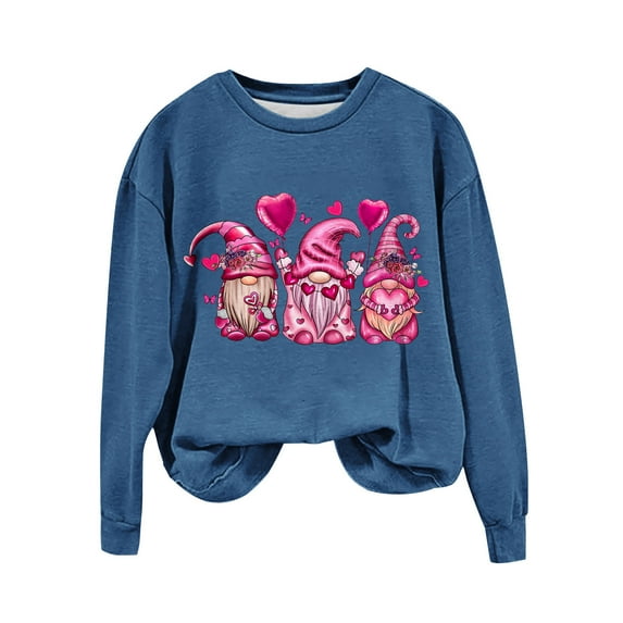 Penkiiy Valentine's Day Women Long Sleeve Crewneck Sweaters Cute Gnome Graphic Casual Pullover Sweatshirt S Blue