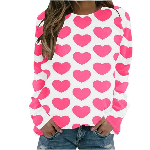 Penkiiy Valentine's Day Women Long Sleeve Crewneck Sweaters Heart Print Casual Pullover Sweatshirt L White