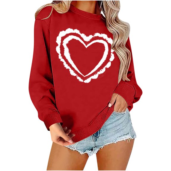 Penkiiy Valentines Day Sweatshirt Women Oversized Love Heart Shirt Pullover Valentine's Long Sleeve Tops XS Red