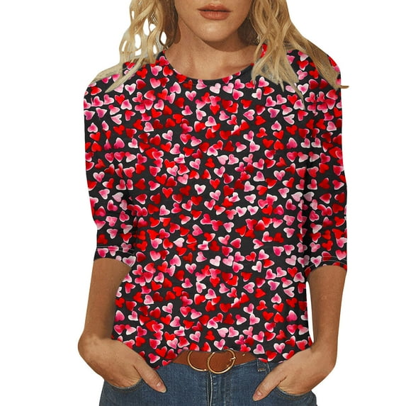 Penkiiy Valentines Shirts for Women,Women's Valentines Day Shirt 3/4 Sleeve Tops Cute Blouses Love Heart Shirt 5XL Multicolor