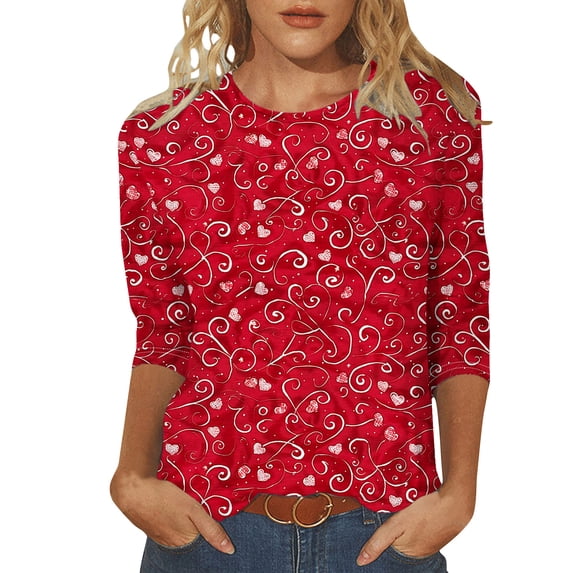 Penkiiy Valentines Shirts for Women,Women's Valentines Day Shirt 3/4 Sleeve Tops Cute Blouses Love Heart Shirt XL Multicolor