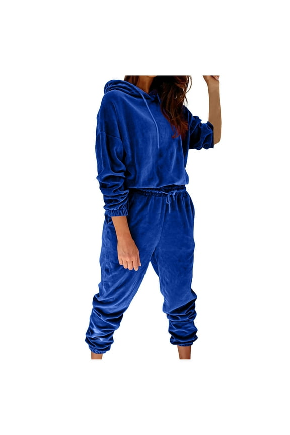 Velour Tracksuit Set Womens Sweatshirt Hoodie Sweatsuit and Casual Jogger with Pockets 2XL Blue