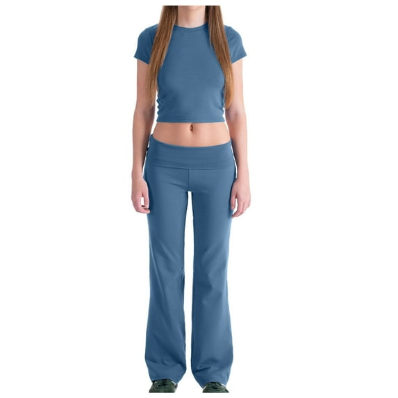 Penkiiy Wide Leg Pant Suits for Women Elegant 2 Piece Solid Outfits Long Sleeve Crop Top High Waist Long Pants with Pockets L Light Blue