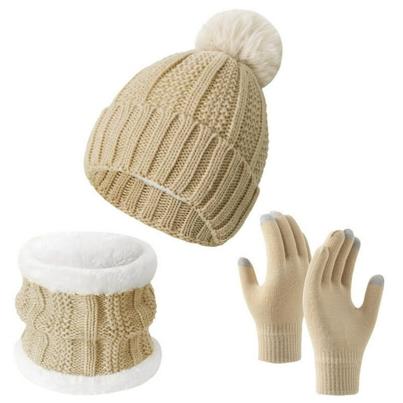 Penkiiy Winter Beanie Hat Scarf Gloves Set, Soft Warm Knit Hat Warm Touchscreen Gloves Neck Warmer Thick Knitted Scarves for Women Beige