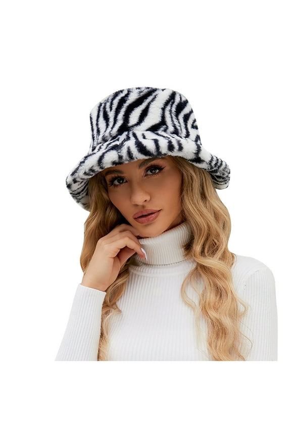 Winter Bucket Hat for Women Leopard Warm Hats Cute Warm Soft Faux Fur Fisherman Cap White