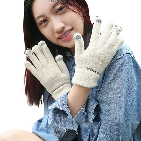 Penkiiy Winter Gloves for Women Fashion Non-slip Jairon Warm Winter Artificial Knitting Wrist Gloves Mittens Beige Gloves
