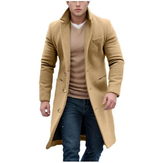 Penkiiy Winter Jackets for Men Long Trench Coats Wool Blend Pea Coat Notched Collar Single Breasted Overcoat Warm Jacket 2024 2XL Khaki