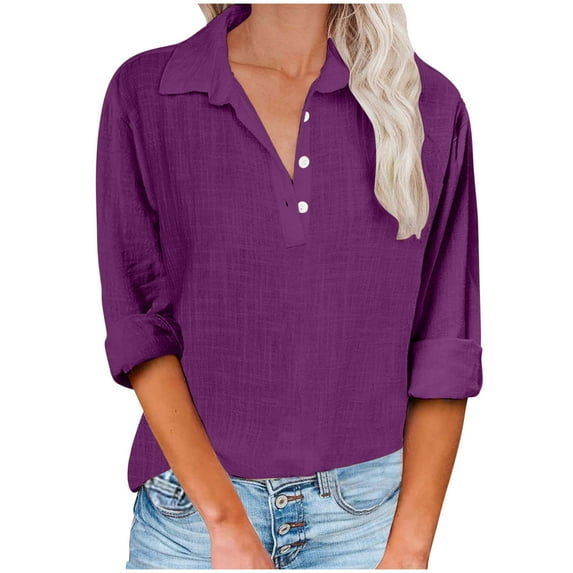 Penkiiy Winter Tops for Women 2024 Linen Shirts V Neck Button down Blouse Short Sleeve Office Work Vintage Vacation Blouse Tops 2XL Purple
