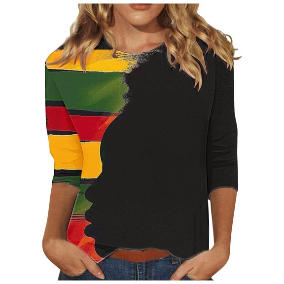 Penkiiy Women Black History Month Shirt Letter Print Tee Tops American African Black Pride Graphic 3/4 Sleeve Tees 2XL Multicolor