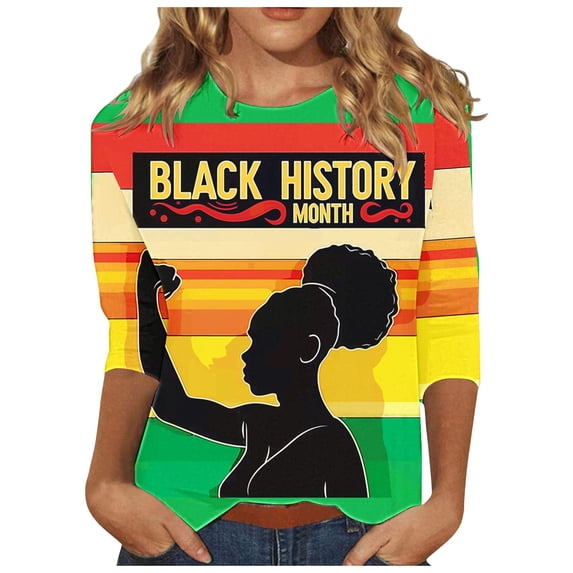 Penkiiy Women Black History Month Shirt Letter Print Tee Tops American African Black Pride Graphic 3/4 Sleeve Tees M Multicolor
