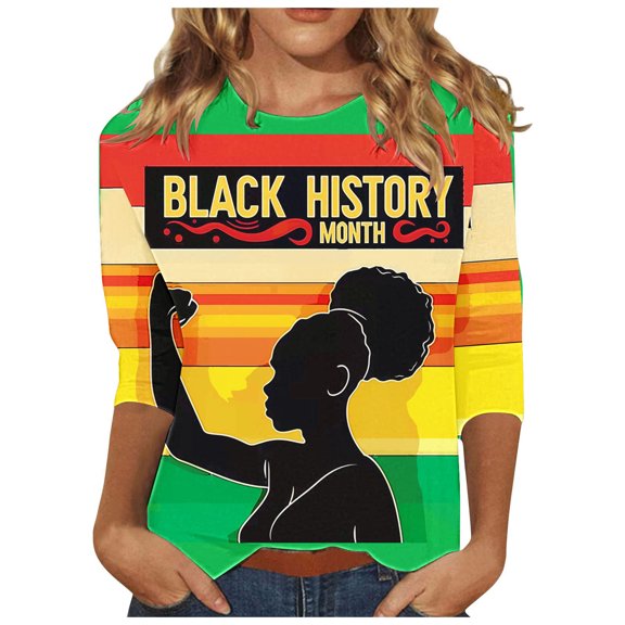 Penkiiy Women Black History Month Shirt Letter Print Tee Tops American African Black Pride Graphic 3/4 Sleeve Tees M Multicolor