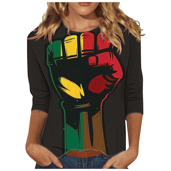 Penkiiy Women Black History Month Shirt Letter Print Tee Tops American African Black Pride Graphic 3/4 Sleeve Tees XL Multicolor
