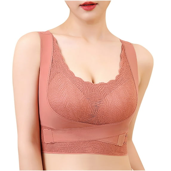 Penkiiy Women Bras Women's Plus Size Bra,Casual Sexy Lace Front Button Shaping Cup Shoulder Strap Underwire Bra Plus Size Extra-Elastic Wirefree Orange Bras