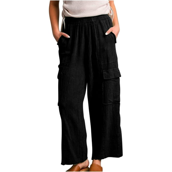 Penkiiy Women Casual Pockets Elastic Waist Pants Loose Long Trousers Pants XL Black