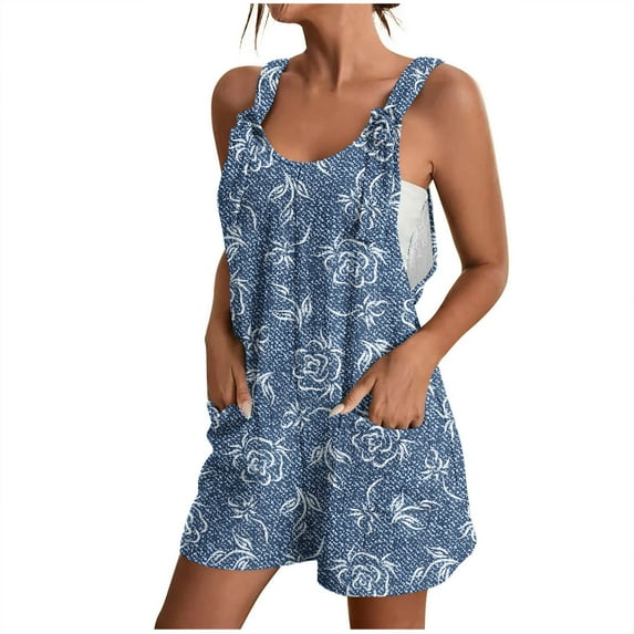 Penkiiy Women Denim Rompers Summer Overalls Shorts Loose Fit Sleeveless Knot Strap Short Jumpsuits with Pockets 3XL Blue