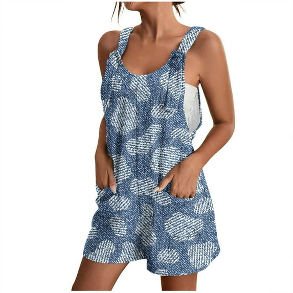 Penkiiy Women Denim Rompers Summer Overalls Shorts Loose Fit Sleeveless Knot Strap Short Jumpsuits with Pockets 3XL Blue