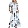thumbnail image 1 of Penkiiy Women Feather Print Short Sleeve Dress Loose Plain Casual Summer Flowy Tiered Long Maxi Dresses with Pockets 2XL White, 1 of 6