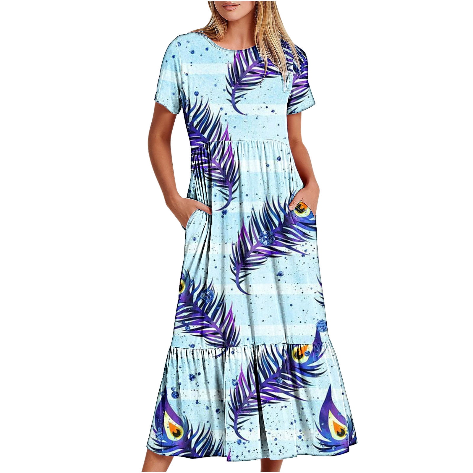 Penkiiy Women Feather Print Short Sleeve Dress Loose Plain Casual Summer  Flowy Tiered Long Maxi Dresses with Pockets L Light Blue - Walmart.com