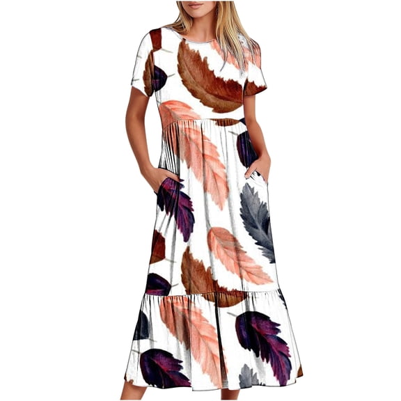 Penkiiy Women Feather Print Short Sleeve Dress Loose Plain Casual Summer Flowy Tiered Long Maxi Dresses with Pockets S White