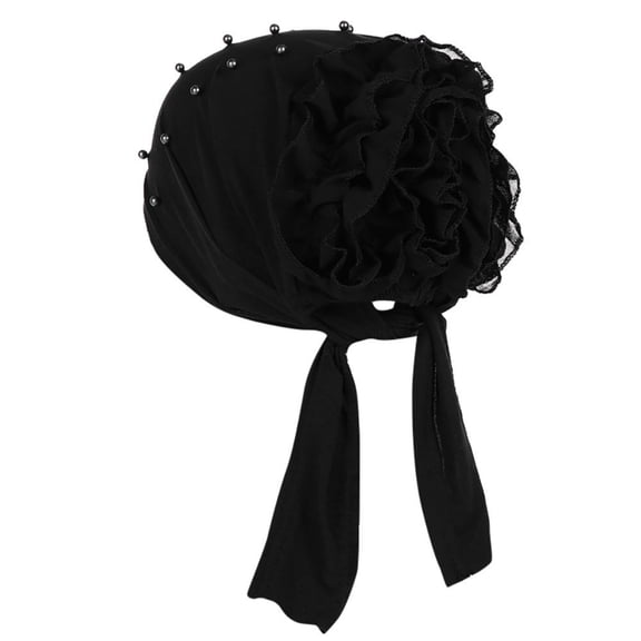 Penkiiy Women Flower Pearl Elastic Turban Beanie Head Scarf wrap Chemo Cap hat for Cancer Patient Black
