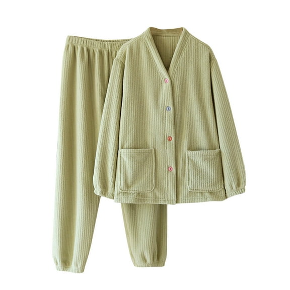 Penkiiy Women Fuzzy Pajama Set Warm Fluffy Long Sleeve Sleepwear Plush Loungewear Thermal Nightwear with Pockets M Green