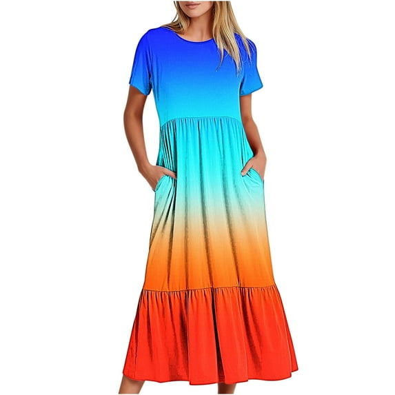 Penkiiy Women Gradient Print Short Sleeve Dress Loose Plain Casual Summer Flowy Tiered Long Maxi Dresses with Pockets 2XL Multicolor