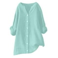thumbnail image 1 of Penkiiy Women Long Sleeve Cotton Linen Shirts 2024 Casual Solid Color V-Neck Button Down Shirts Trendy Oversized Spring Tops 4XL Green, 1 of 3