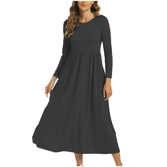 Penkiiy Women Long Sleeve Dress with Pockets Round Neck Pure Color Flowy Swing Hem Mid Length Dress S Black