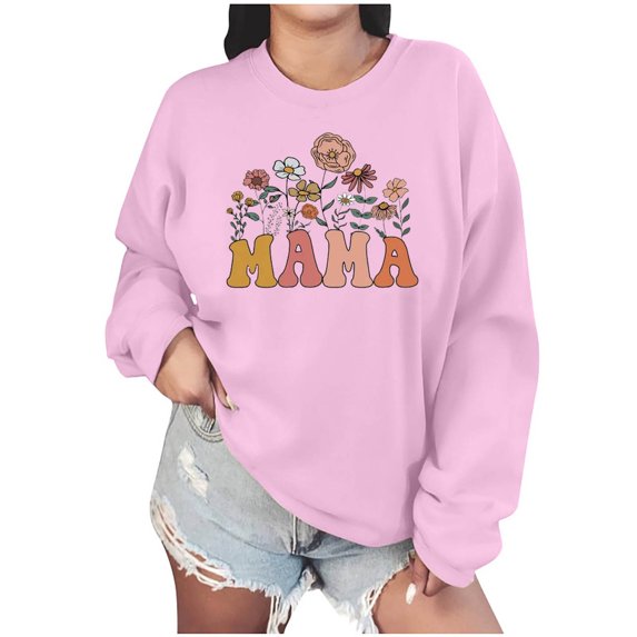 Penkiiy Women Long Sleeve Mama Sweatshirts Round Neck Pullover Loose Lightweight Blouse Tops XS Pink