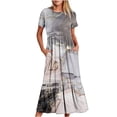 thumbnail image 1 of Penkiiy Women Marble Print Short Sleeve Dress Loose Plain Casual Summer Flowy Tiered Long Maxi Dresses with Pockets 2XL Gray, 1 of 7