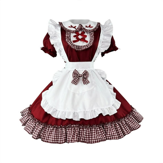 Penkiiy Women Medieval Splicing Chequer Dresses Vintage Bowknot Dress Tiered Pleated Skirt Housemaid Cosplay Skirts 5XL Red