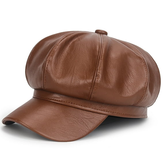 Penkiiy Women Newsboy Hats Leather Visor Beret Cabbie Hat Vintage Women Fiddler Cap Faux Leather Baker Boy Hat Coffee
