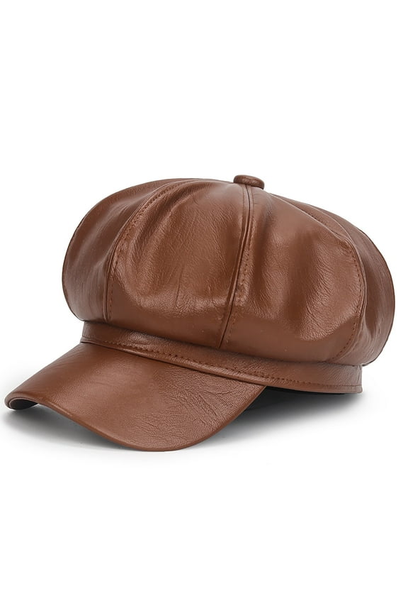 Women Newsboy Hats Leather Visor Beret Cabbie Hat Vintage Women Fiddler Cap Faux Leather Baker Boy Hat Coffee