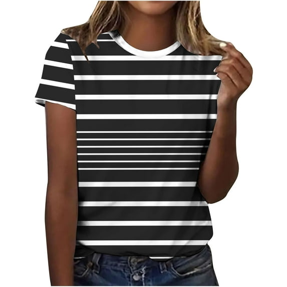 Penkiiy Women Oversized Striped Color Block Short Sleeve Crop T-Shirts Summer Casual Crew Neck Loose Fit Basic Tee Y2K Tops XL Black