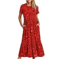 thumbnail image 1 of Penkiiy Women Shiny Print Short Sleeve Dress Loose Plain Casual Summer Flowy Tiered Long Maxi Dresses with Pockets 2XL Red, 1 of 8