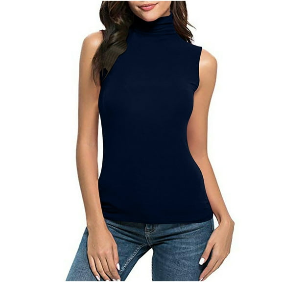 Penkiiy Women Sleeveless Mock Turtleneck Tank Tops Slim Fit Stretchy Layer Tee Shirts S Dark Blue