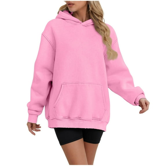 Penkiiy Women Solid Basic Fleece Letter Loose Hoodie Sweatshirt Long Sleeve Kangaroo Pocket Drop Shoulder Pullovers Top 4XL Pink